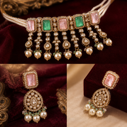 Moisannite Blush Pink Jade Green Kundan Pearl Tassel Choker Set