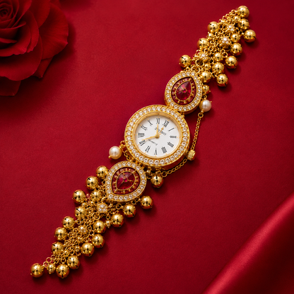 Gold Tone Oval Teardrop AD Ghungroo Multi Chain Watch