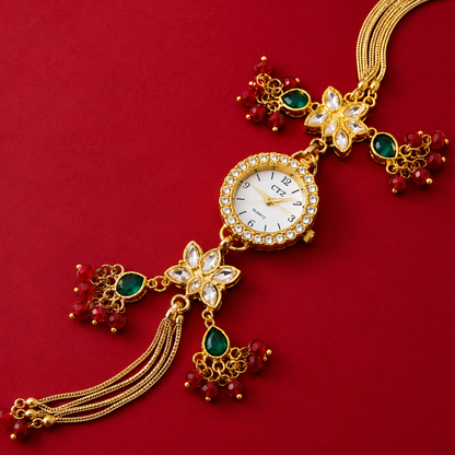 Gold Tone Kundan Flower Emerald Ruby Bead Chain Tassel Watch