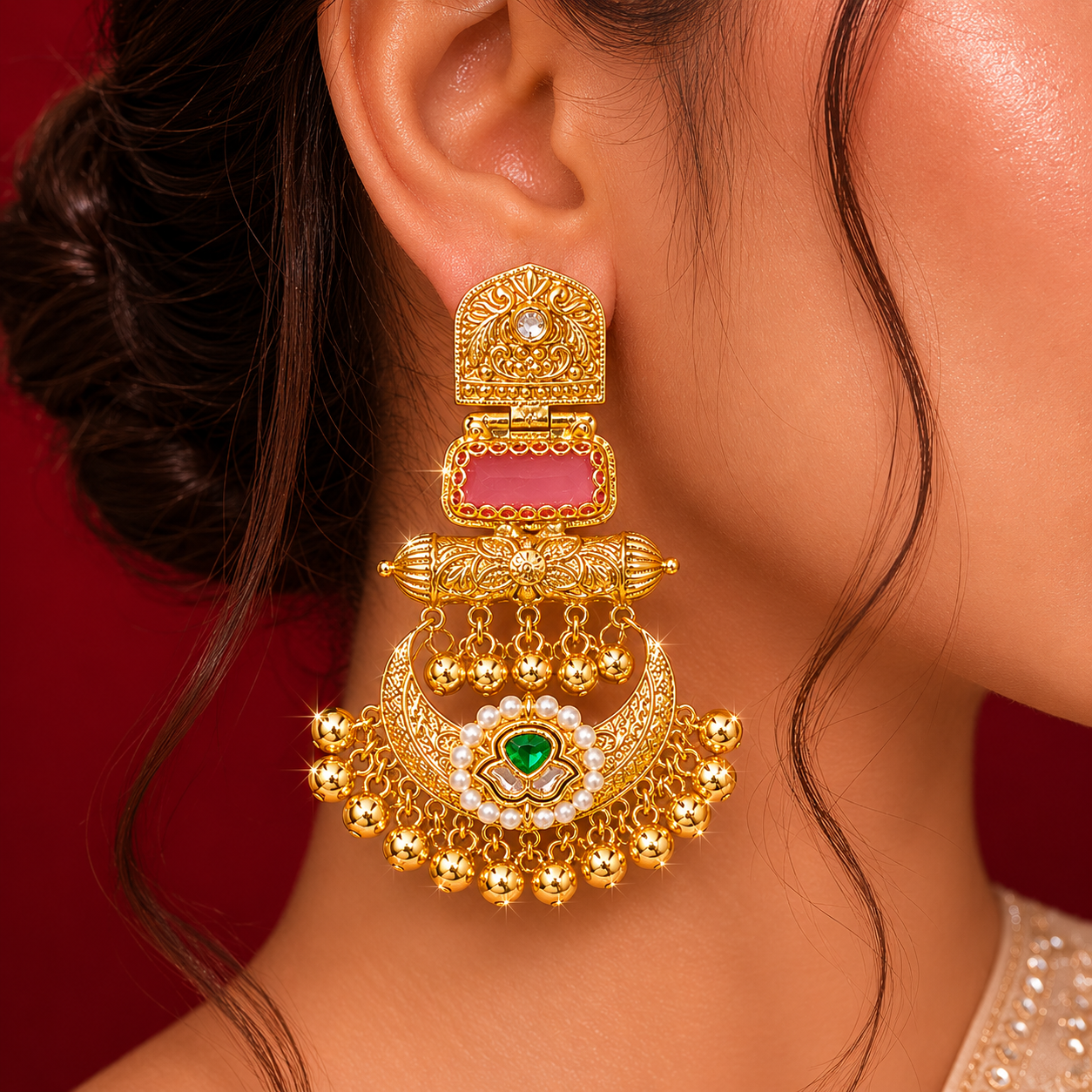 Gold Tone Pink Meenakari Emerald Pearl Chandbali Earrings