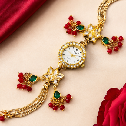 Gold Tone Kundan Flower Emerald Ruby Bead Chain Tassel Watch