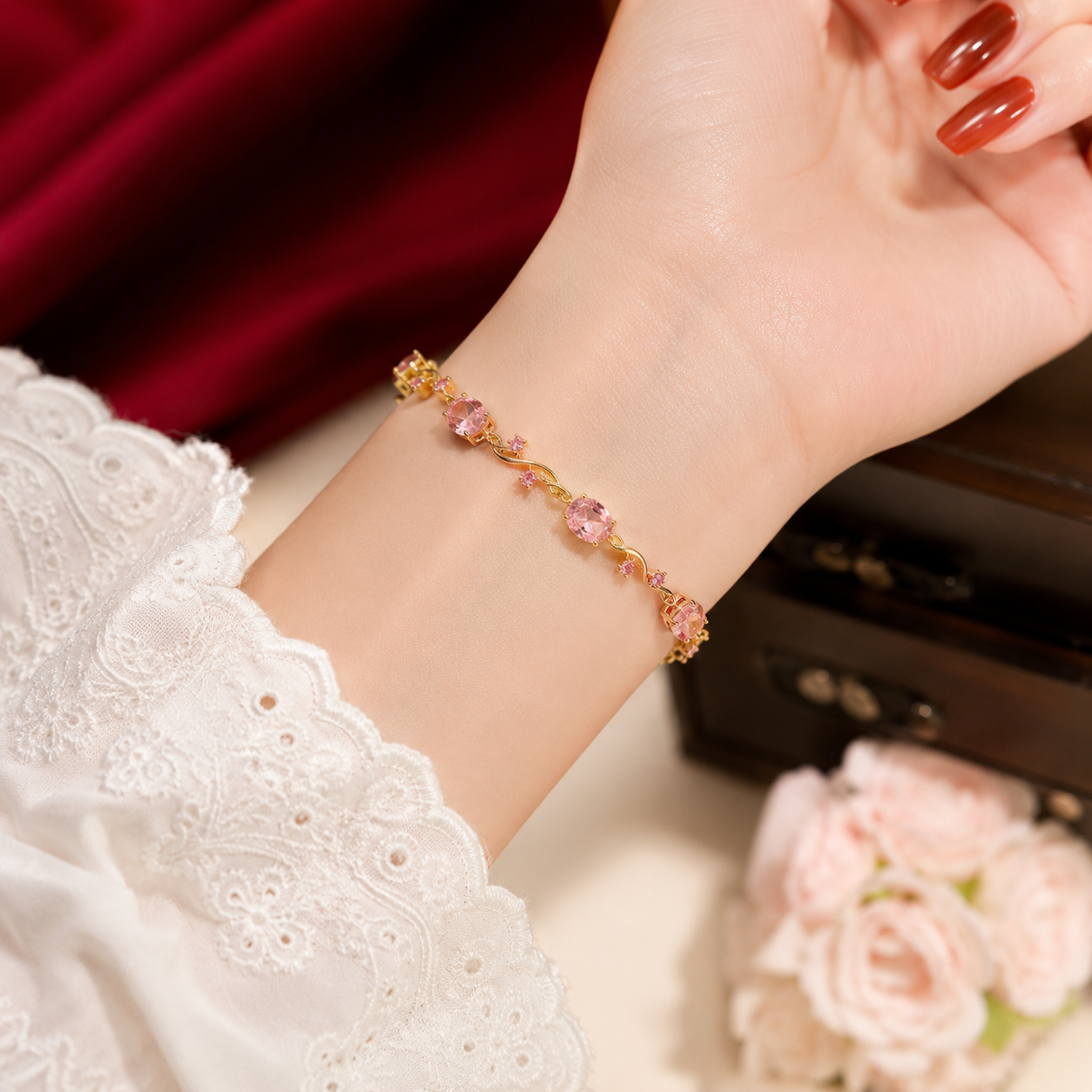 Gold Tone Blush Pink Round Vine Link Tennis Bracelet