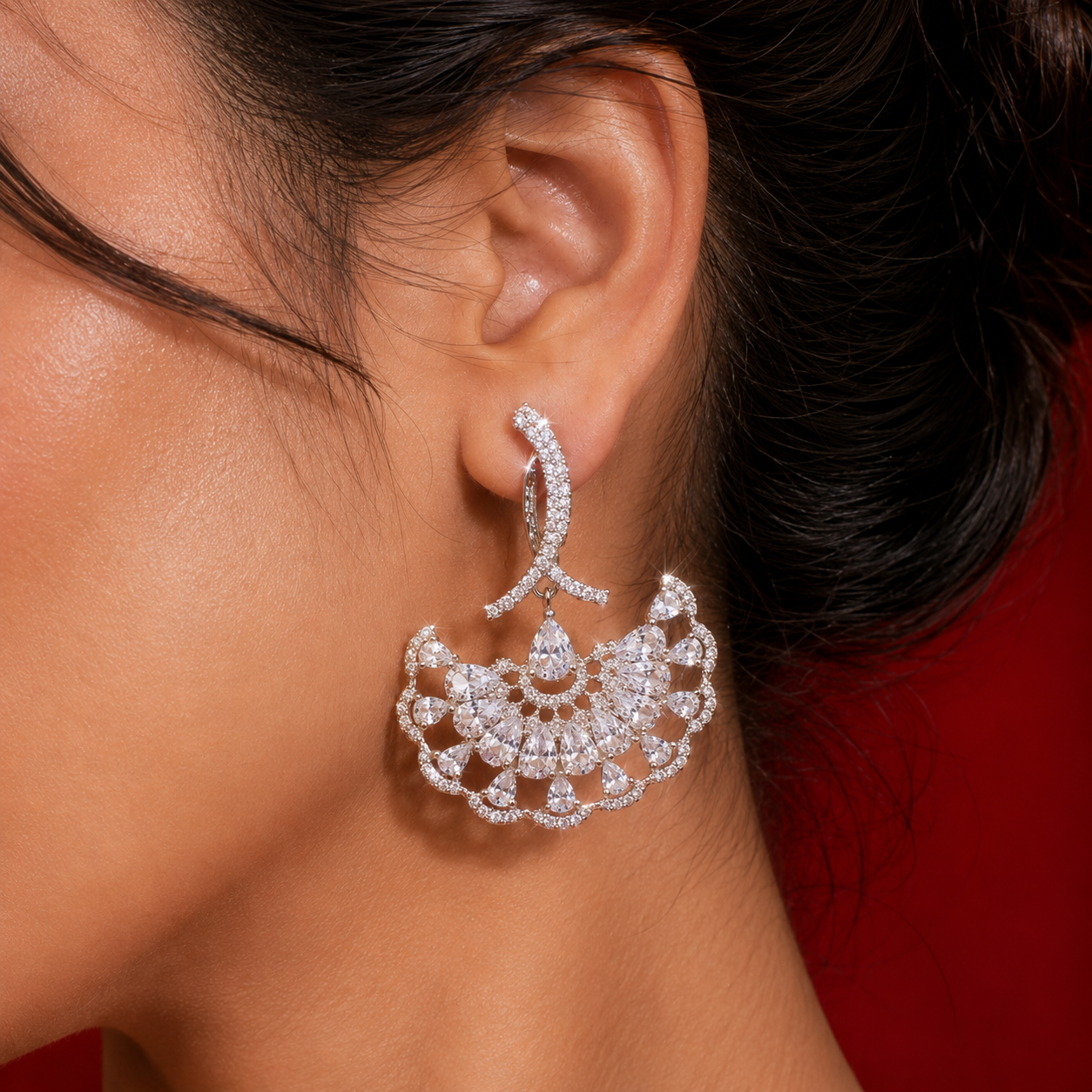 White AD Pear Teardrop Open Fan Dangler Earrings