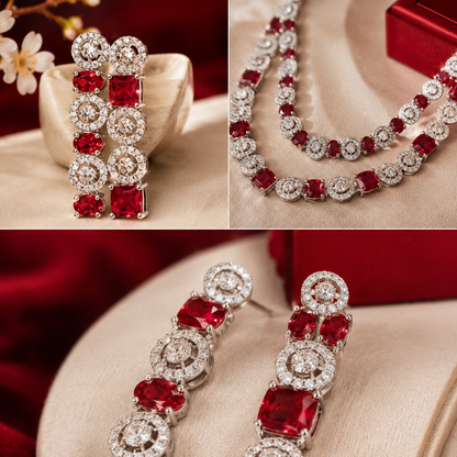 Red Ruby Square Round AD Alternating Double Layer Necklace Set