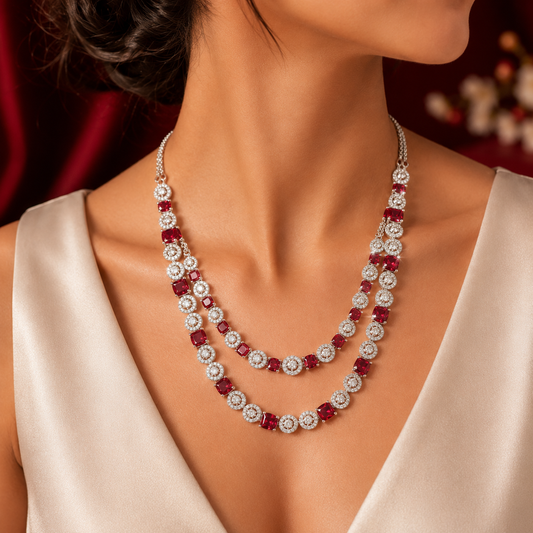 Red Ruby Square Round AD Alternating Double Layer Necklace Set