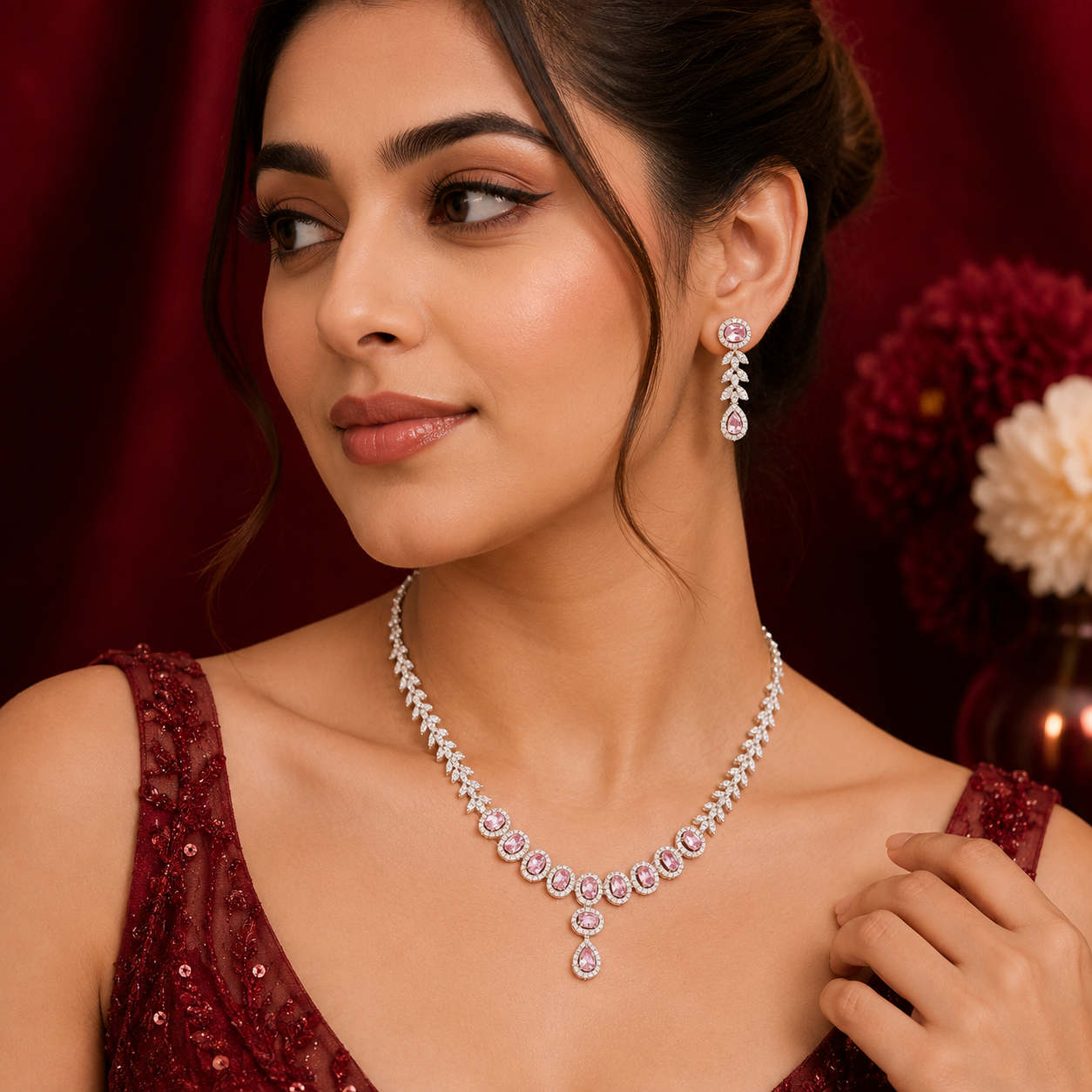 Light Pink Oval White AD Leaf Teardrop Pendant Necklace Set