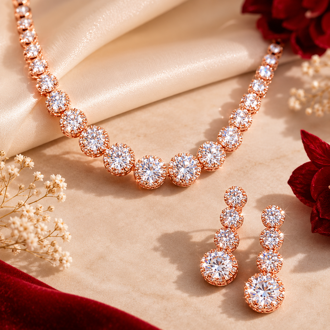 Rose Gold Plated Round Brilliant Cut AD Tennis Necklace Set