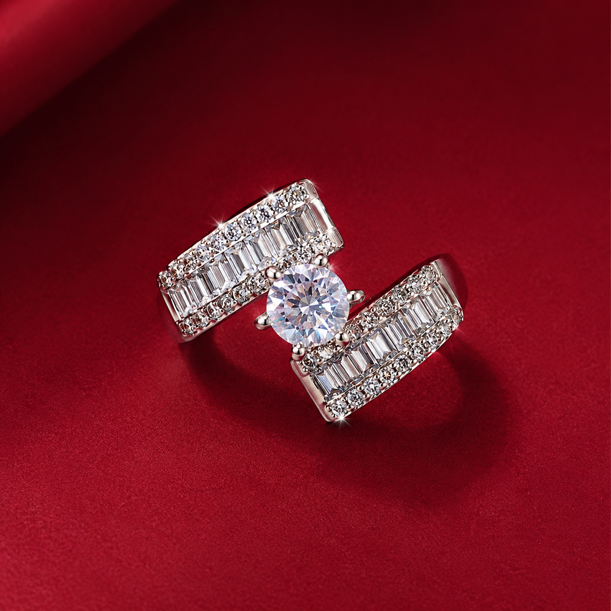 White AD Centre Round Triple Row Broad Band Statement Ring
