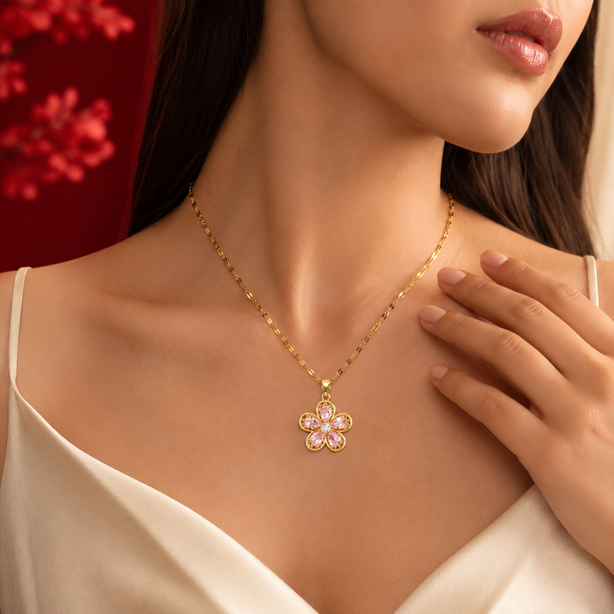 Pink Blossom Crystal Flower Necklace