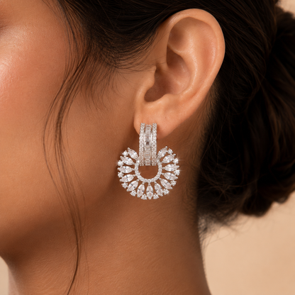 White AD Baguette Fan Wheel Statement Stud Earrings