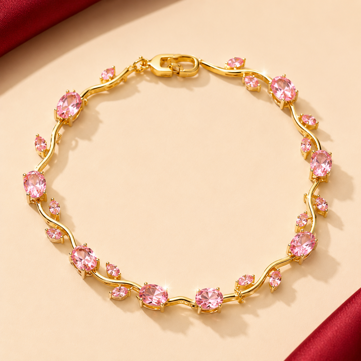 Gold Tone Blush Pink Round Vine Link Tennis Bracelet