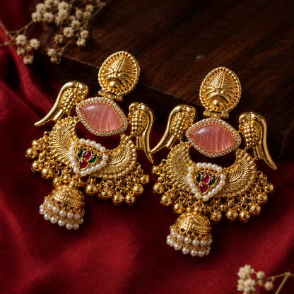Pink Stone Peacock Feather Ruby Emerald Pearl Ghungroo Earrings
