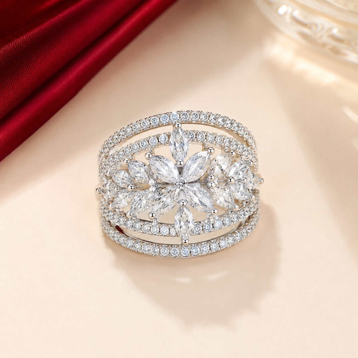 White AD Sunflower Cluster Triple Row Band Statement Ring