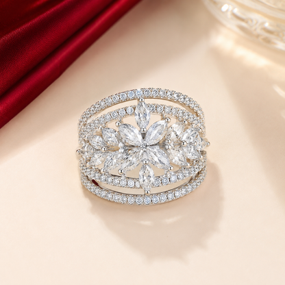 White AD Sunflower Cluster Triple Row Band Statement Ring