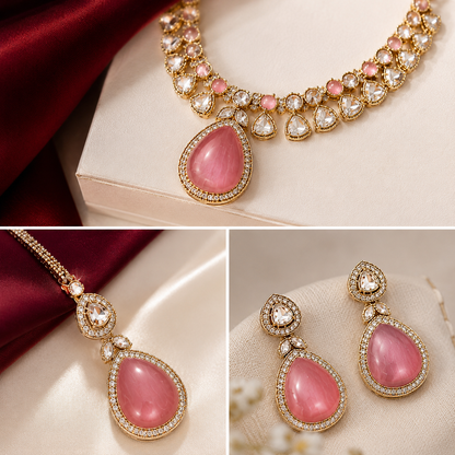 Moisannite Dusty Rose Pink Polki Kundan Necklace Set With Maang Tikka