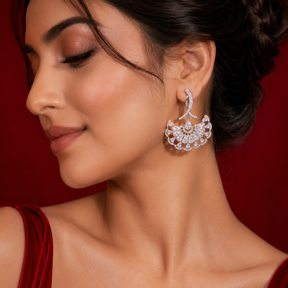 White AD Pear Teardrop Open Fan Dangler Earrings