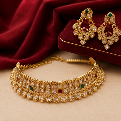 Antique Gold Multi Stone Square Choker Set
