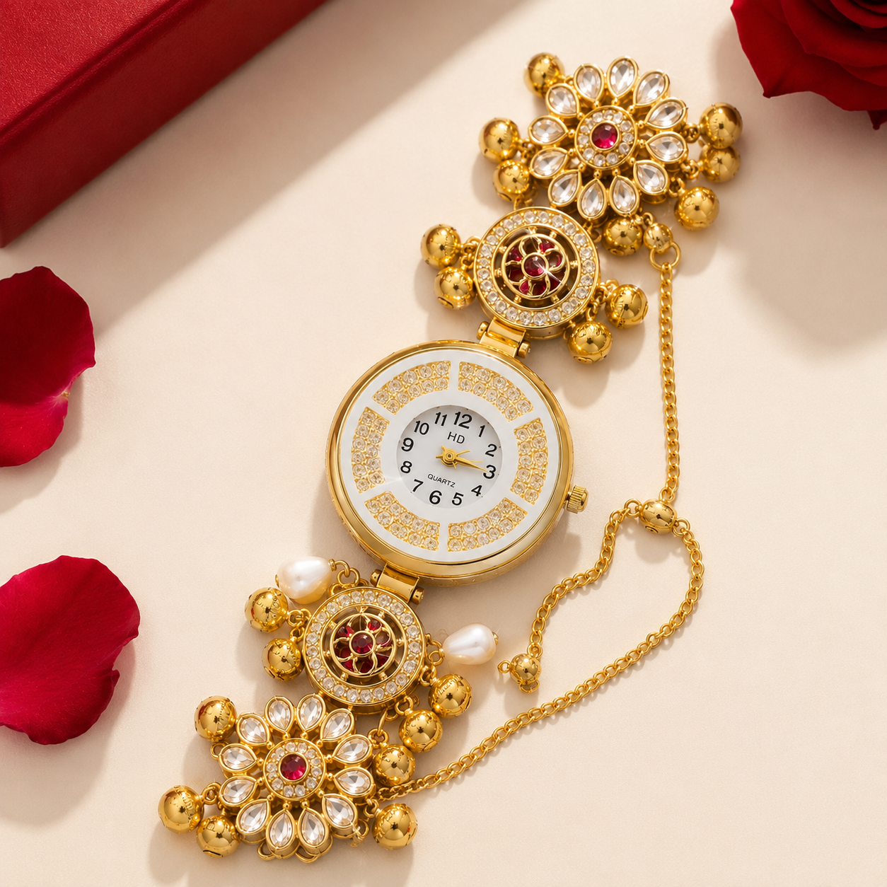Gold Kundan Floral AD Ghungroo Pearl Watch Bracelet