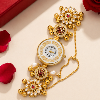 Gold Kundan Floral AD Ghungroo Pearl Watch Bracelet