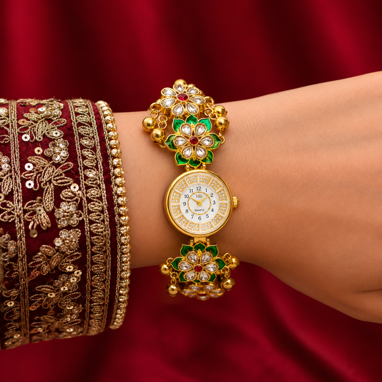 Kundan Green Meenakari Ruby Centre Floral Ghungroo Watch