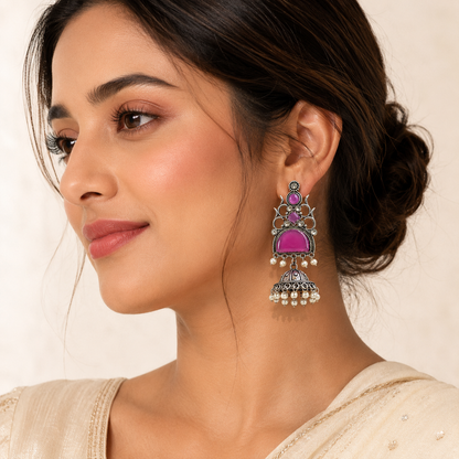 Oxidised Silver Round Half Moon Multi Stone Jhumka Pearl Earrings