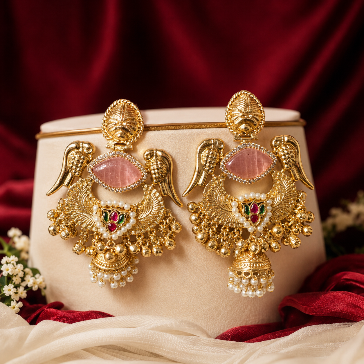 Pink Stone Peacock Feather Ruby Emerald Pearl Ghungroo Earrings