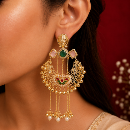Gold Tone Green Pink Chandbali Pearl Chain Earrings