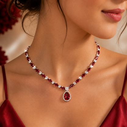 Silver Plated Deep Red Ruby Oval White AD Teardrop Necklace Set