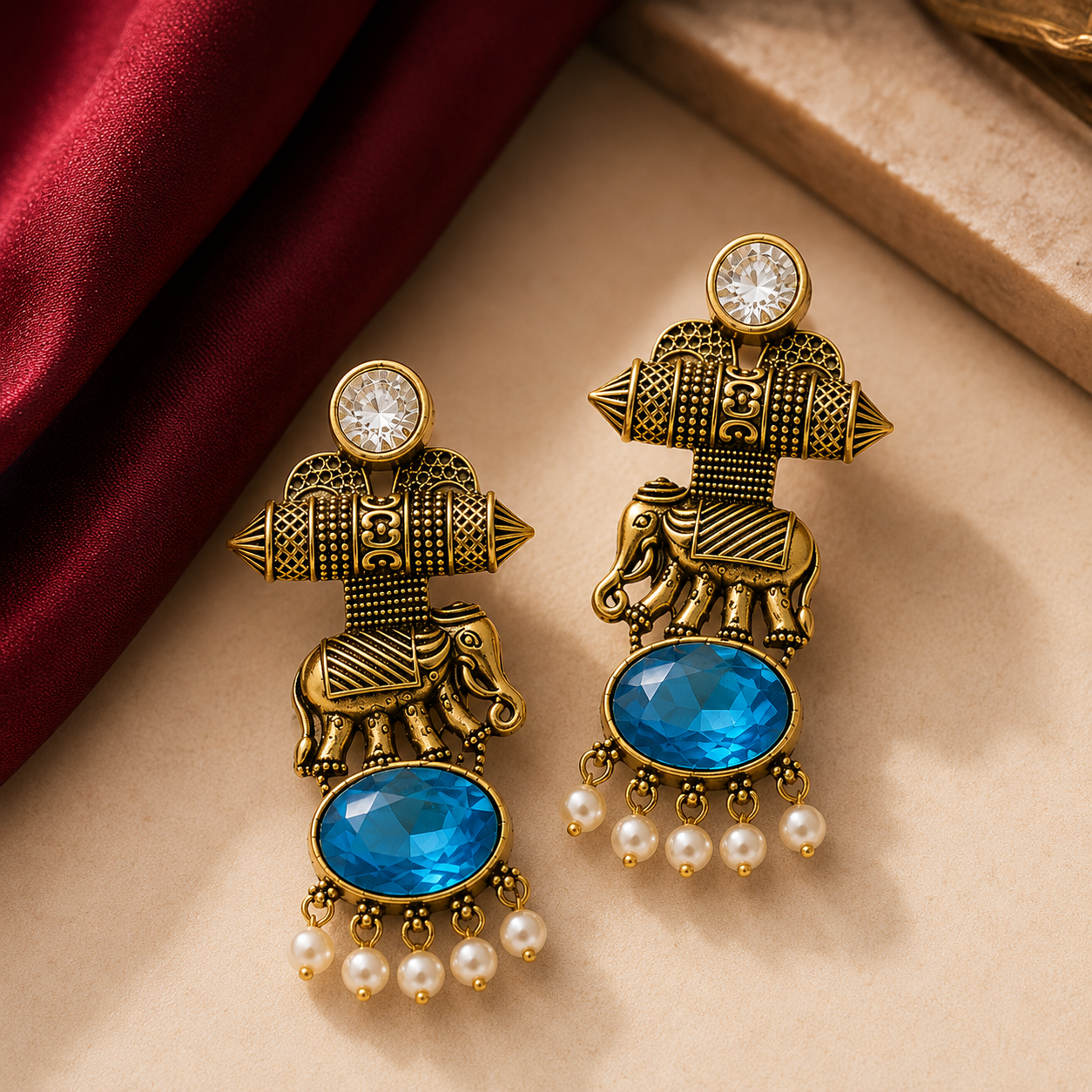 Gold Tone Elephant Motif Oval Stone Pearl Earrings
