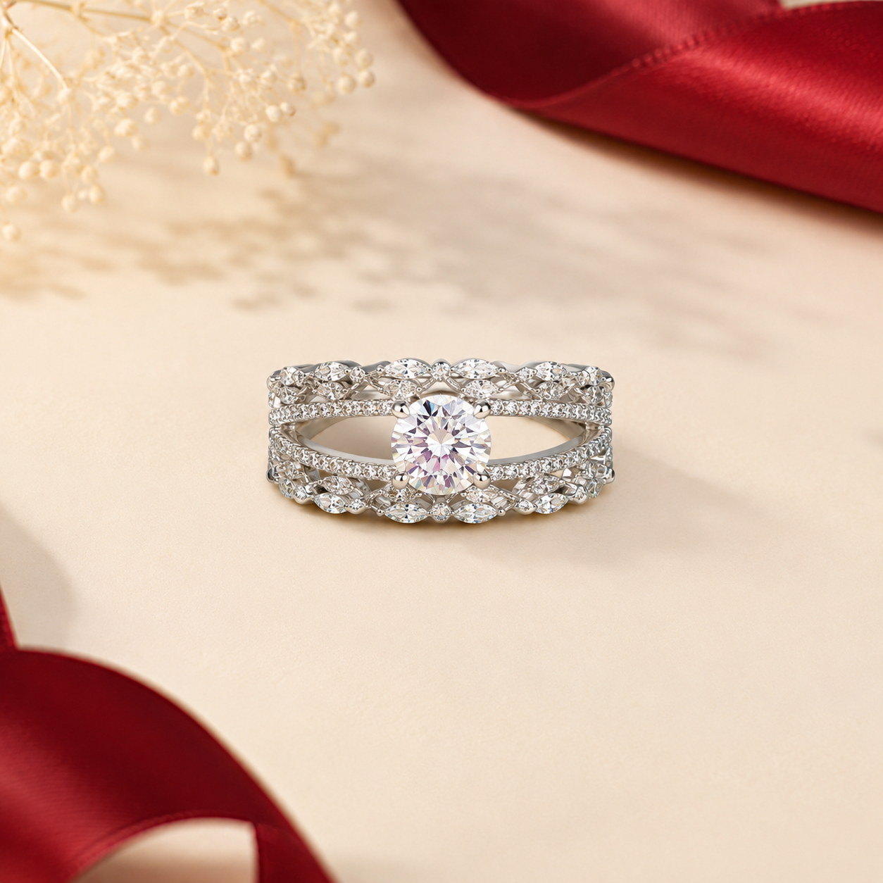 Silver Plated White AD Round Solitaire Open Multi Row Ring