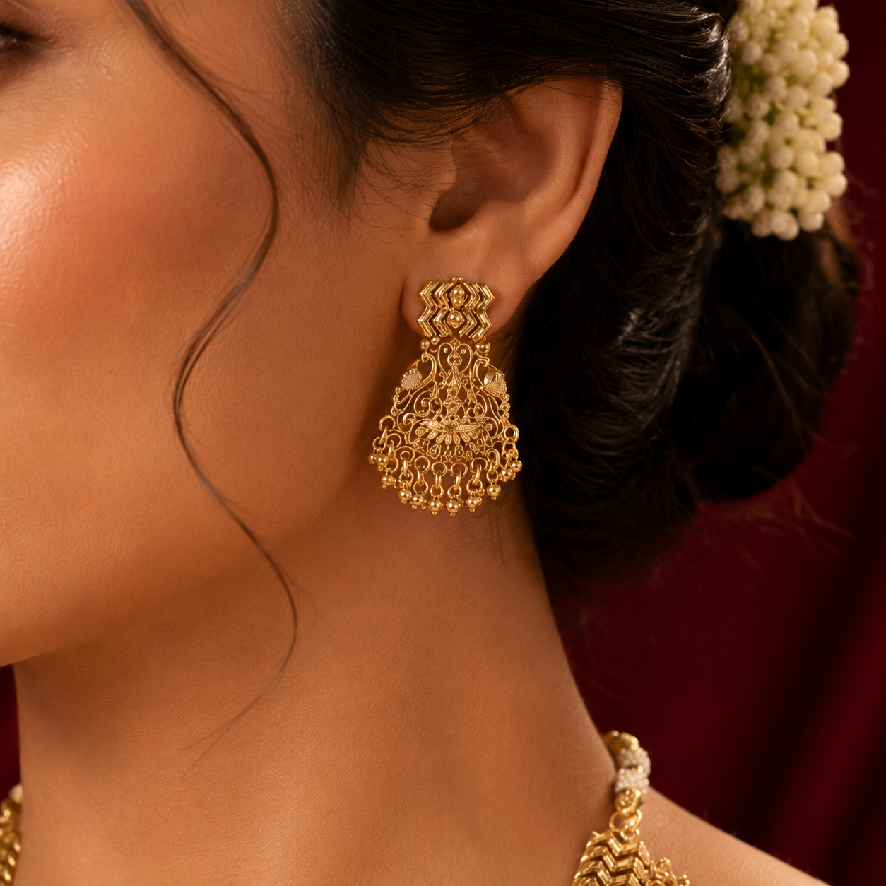 Gold Tone Chevron Pattern Peacock Jhumka Necklace Set