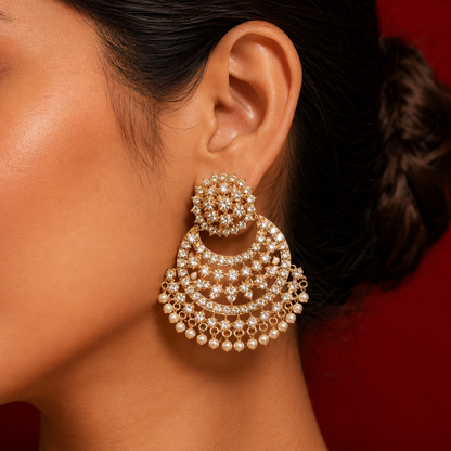 Gold Plated Round Multi Layer Crescent Moon Chandbali Earrings