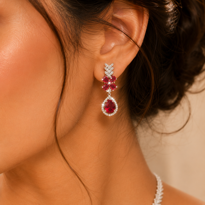 Rich Red Ruby Floral White AD Wheat Leaf Pendant Necklace Set