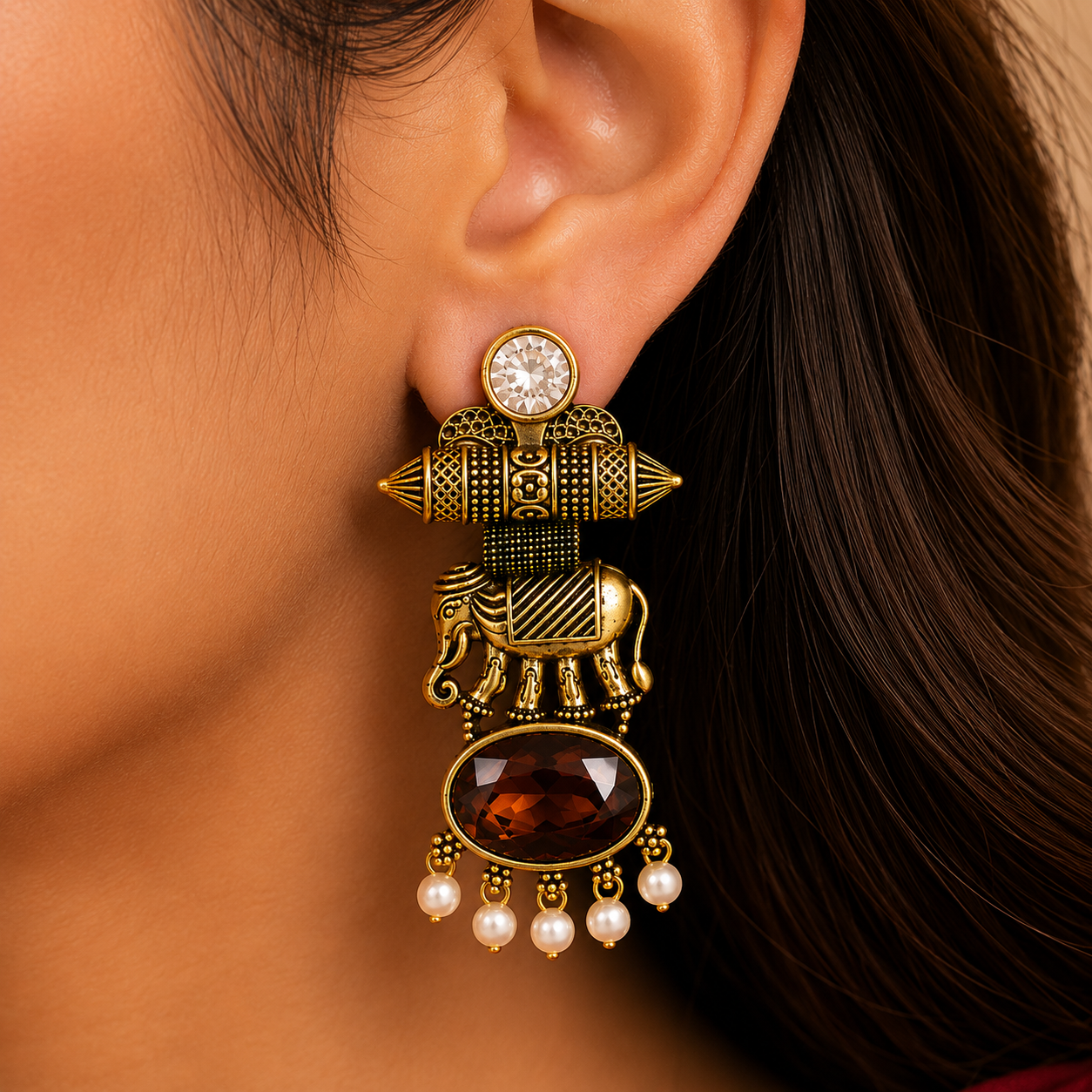 Gold Tone Elephant Motif Oval Stone Pearl Earrings