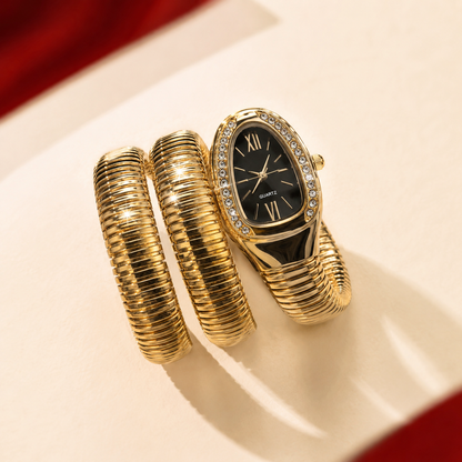 Gold Plated Snake Wrap Coil AD Bezel Quartz Watch