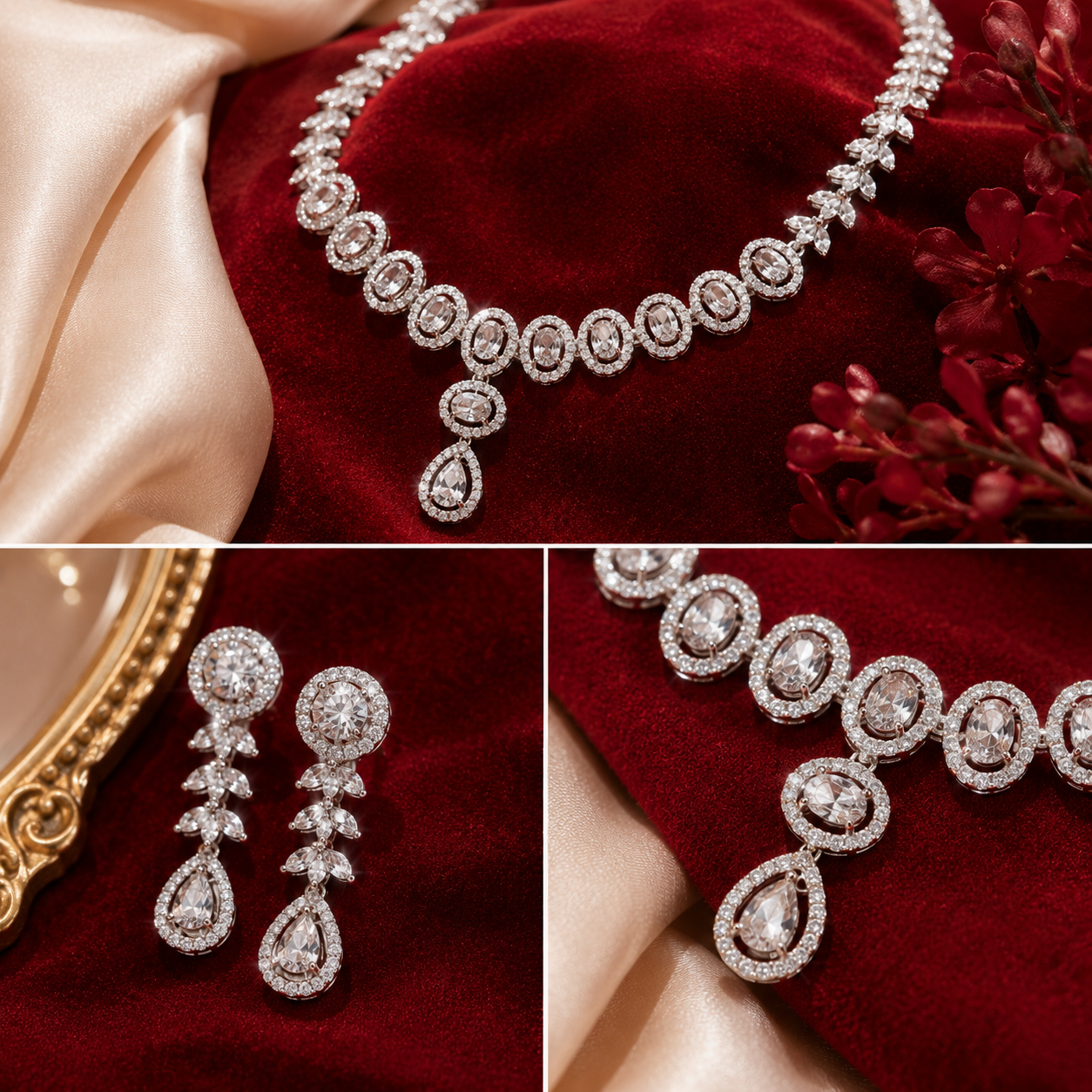 Silver Plated White AD Halo Leaf Chain Pendant Necklace Set