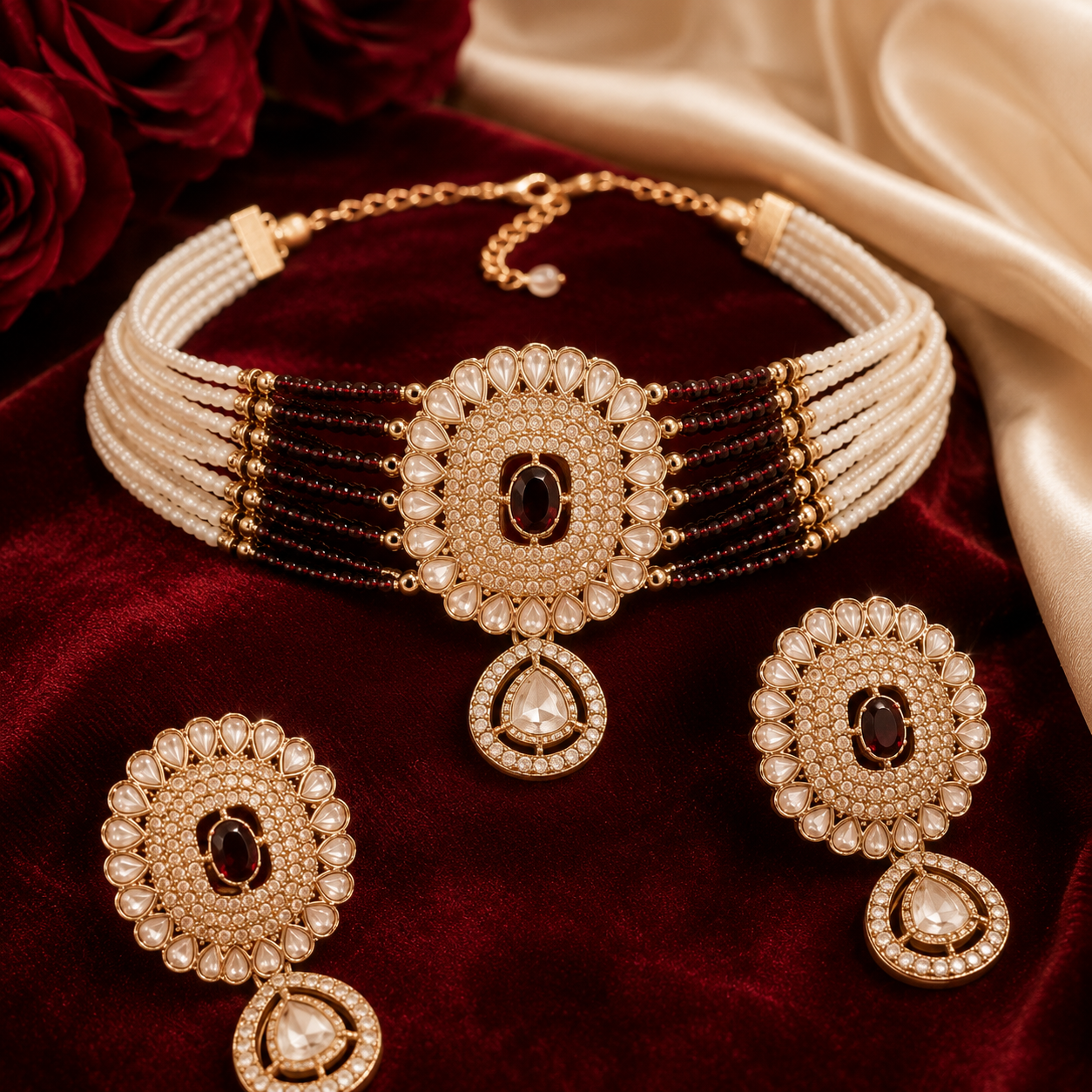 Wine Red Multi-Layer Pearl Kundan Choker Set