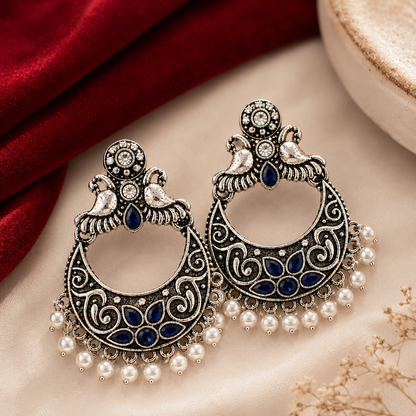 Oxidised Silver Blue Stone Peacock Crescent Chandbali Earrings
