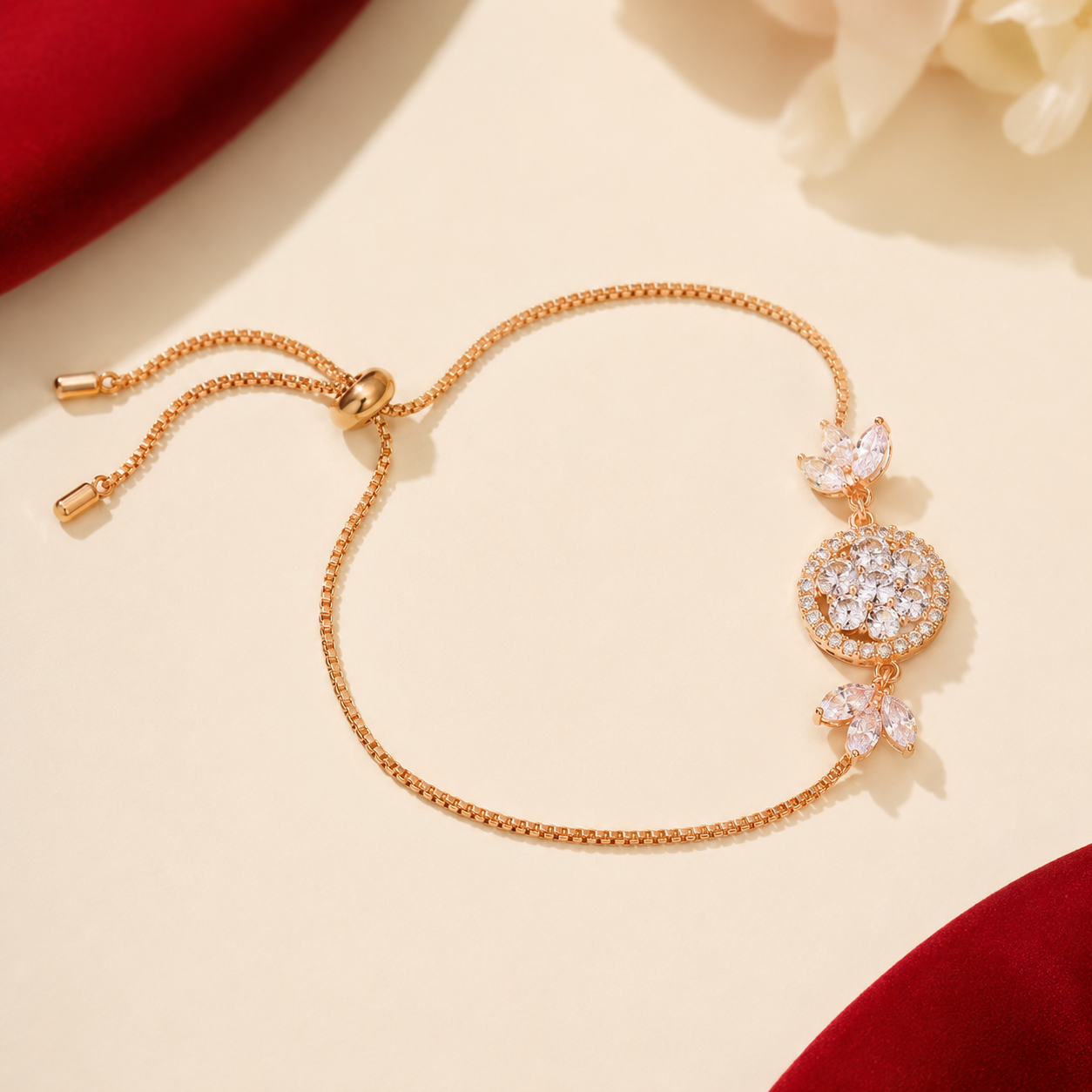 Rose Gold AD Floral Circle Halo Leaf Chain Adjustable Bracelet