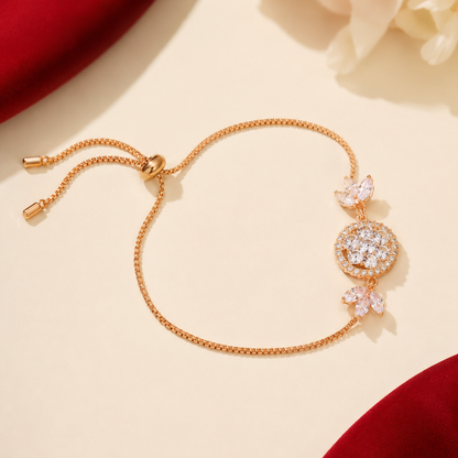 Rose Gold AD Floral Circle Halo Leaf Chain Adjustable Bracelet