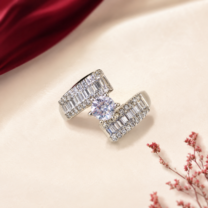 White AD Centre Round Triple Row Broad Band Statement Ring