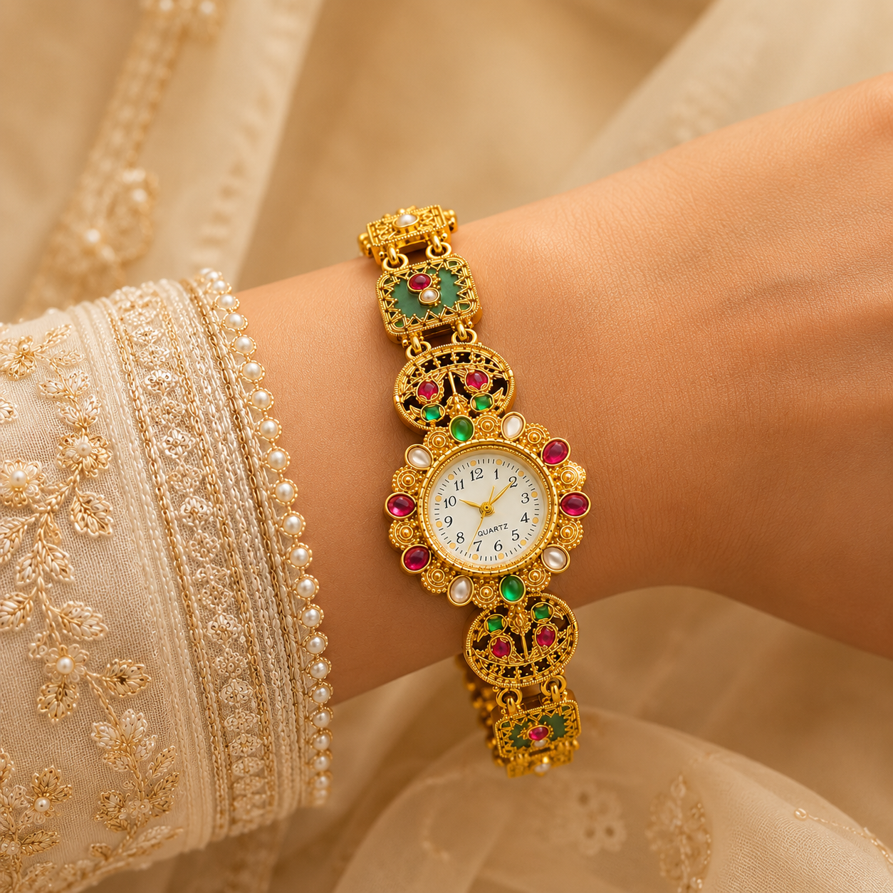 Gold Plated Pearl Peacock Floral Filigree Oval Link Watch