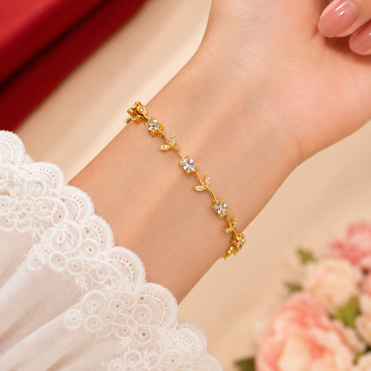Gold Tone White AD Round Marquise Vine Tennis Bracelet