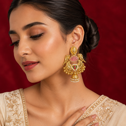 Pink Stone Peacock Feather Ruby Emerald Pearl Ghungroo Earrings