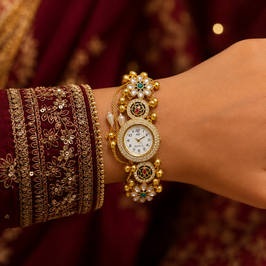 Kundan Pearl Flower Meenakari AD Ghungroo Watch