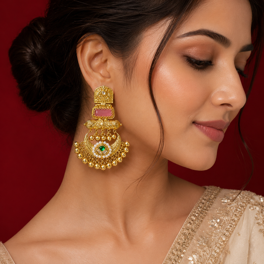 Gold Tone Pink Meenakari Emerald Pearl Chandbali Earrings
