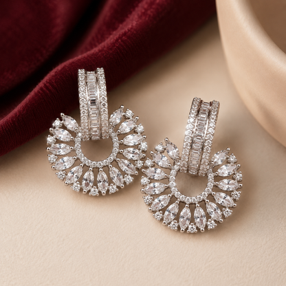 White AD Baguette Fan Wheel Statement Stud Earrings