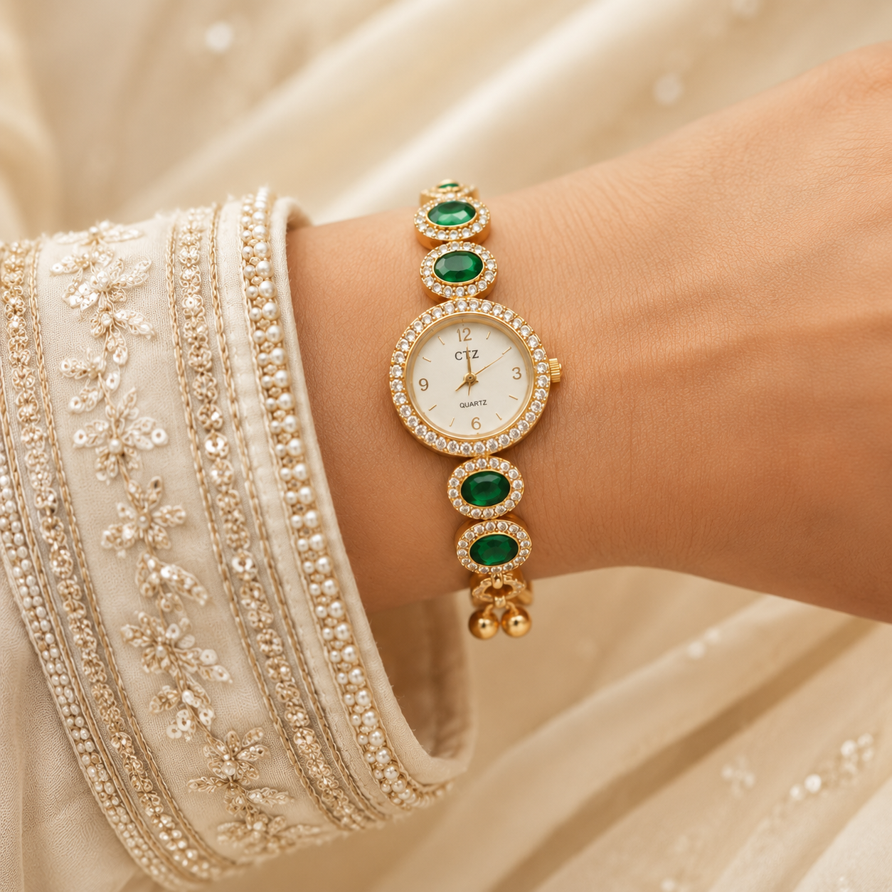 Gold Plated Ruby AD Halo Link Adjustable Watch