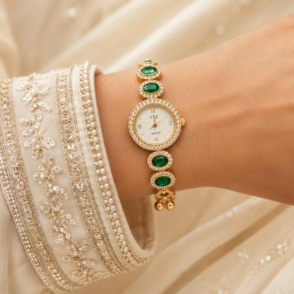 Gold Plated Ruby AD Halo Link Adjustable Watch
