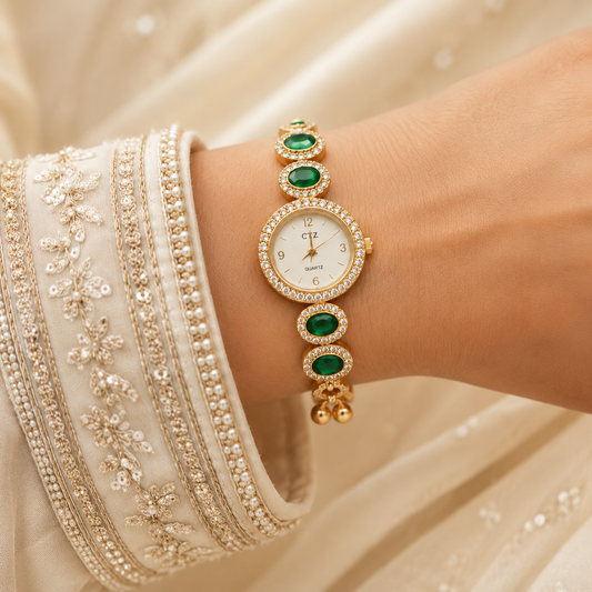 Gold Plated Ruby AD Halo Link Adjustable Watch